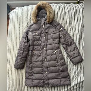 Michael Kors Gray Down Puffer Coat with Faux Fur Hood